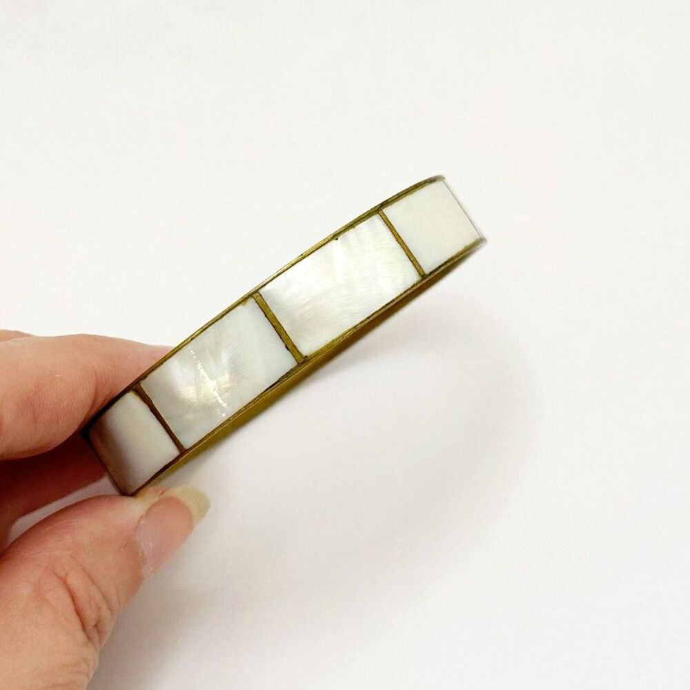 Vintage Boho Bangle Mother of Pearl Inlay on Brass Medium Width